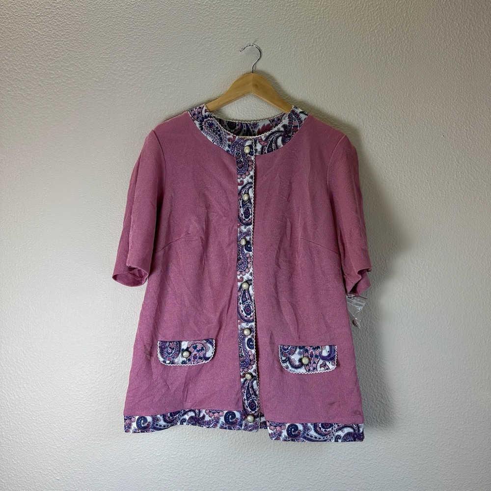 Impromptu Button Up Top Womens 20 Mauve Fair Paisley Trim Pearl Ribbed 80s 90s